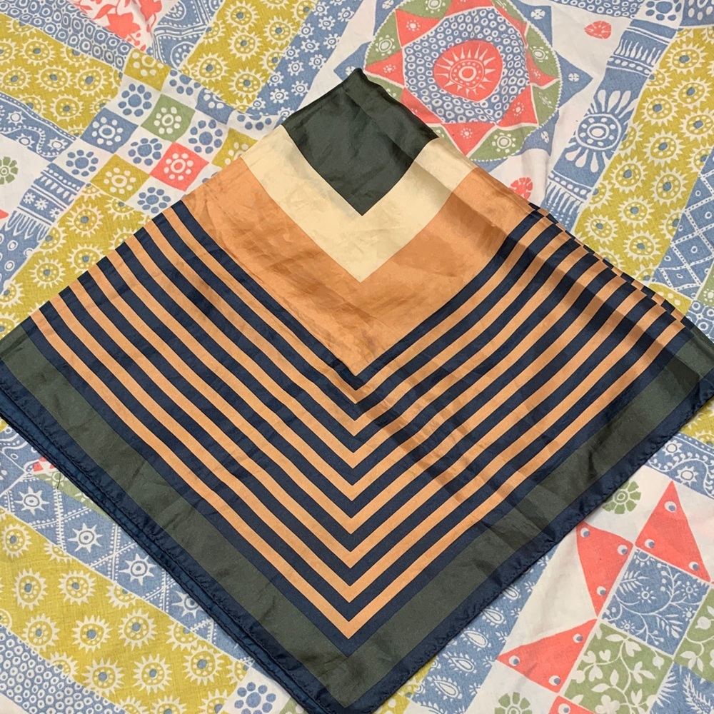 70’s Geometric Neutral Print Scarf in Navy, Goldish-Tan, and Forest Green